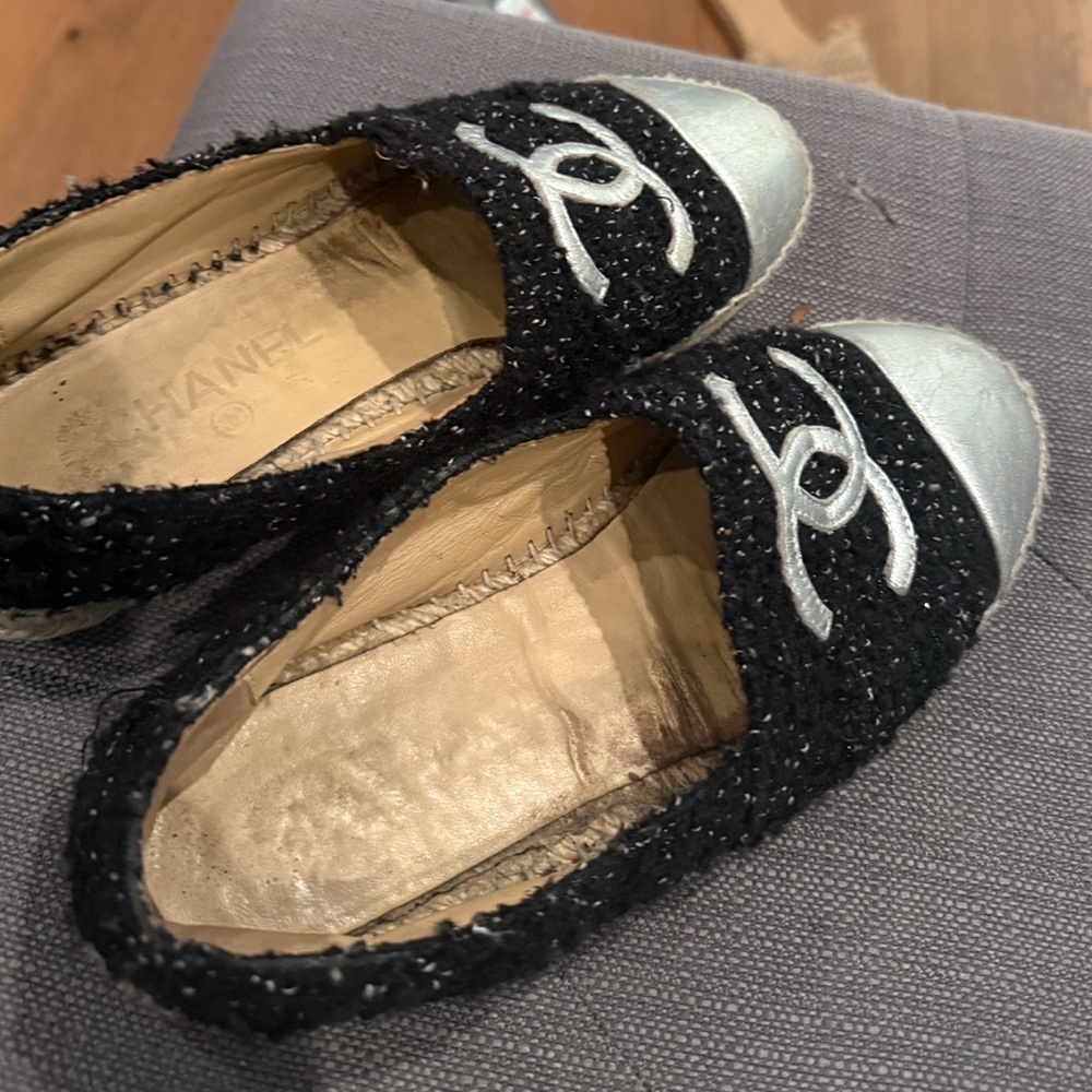 CHANEL Black and Silver Espadrilles